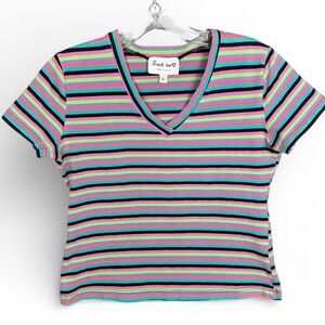 Womens Striped V Neck Short Sleeve Tee Y2K Top Size L Vintage Grunge Indie